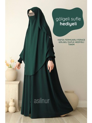 Asilnur Hafsa Fermuarlı Ferace Gölgeli Sufle Hediyeli Takım Zümrüt Yeşili