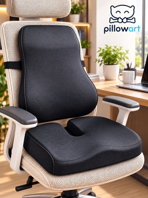 Pillowart Ortopedik Visco Sırt Bel ve Oturma Minderi 2’li Set – Ergonomik Ofis Sandalyesi Bel Desteği ve Kuyruk Sokumu Minderi