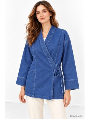 Rays Yandan Bağlamalı Kot Kimono 3516 Koyu Mavi