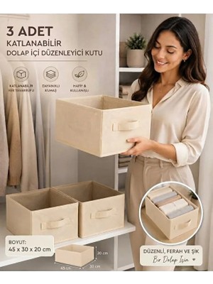 Mor Bebe 3 Adet Krem Kumaş Katlanabilir Dolap Içi Düzenleyici Kutu 45X30X20 cm | Kıyafet ve Giysi Organizer Saklama Kutusu