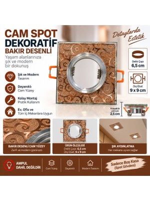 Efesays Kare Bakır Desenli Cam Spot Kasası 6,5 cm Delik Çapı 9x9 cm Dekoratif Sıva Altı Boş Spot
