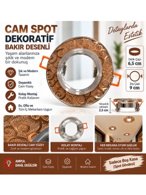 Efesays Bakır Desenli Cam Spot Kasası 6,5 cm Delik Çapı 9 cm Dış Çap Dekoratif Sıva Altı Boş Spot