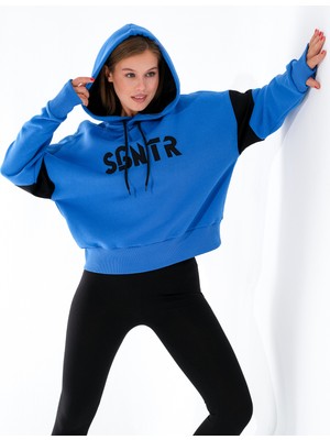Moda Motley 724512_Kadın Kapüşonlu Oversize Sweatshirt - Parmak Yırtmaçlı, Kolej Stili