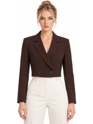 Saade Acı Kahverengi Kadın Regular Fit Kruvaze Kapama Dokuma Crop Blazer Ceket -Şık & Spor