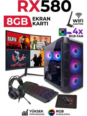 Comloji Gaming Oyuncu Bilgisayarı Ryzen 5 5500 + RX580 8GB + 16GB DDR4 Ram 512GB M.2 Nvme SSD Full Set Performans Hazır Masaüstü Sistem