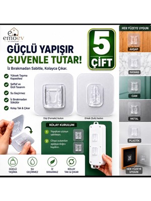 Emoev 5'li Şeffaf Çift Taraflı Geçmeli Yapışkanlı Askı Priz ve Tablo Sabitleyici Matkapsız Duvar Aparatı