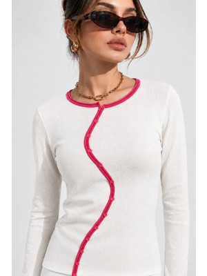Cockatoo Kadın Ekru Pembe Premium Rayon Kontrast Biyeli Düğmeli Uzun Kollu Hırka (ELF002)