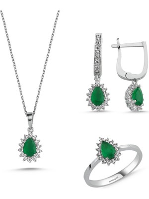 Sembol Gold Beyaz Altın Mini Set Zümrüt Damla 3lü Takım