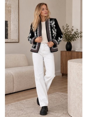 Lima Siyah Kadın Siyah Beyaz Çiçek Nakışlı Ceket Etnik Desenli Işlemeli Şık Blazer Ceket
