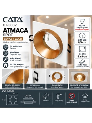 Cata CT-5032 Atmaca Spot Beyaz Gold Metal Kasa 6,5 cm Delik Çapı 9x9 cm GU10 Uyumlu