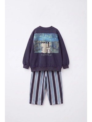 Çocuk Pamuklu Magu And Milo Lacivert Sweatshirt ve Çizgili Eşofman Takımı