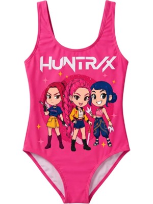 Gadget Gear Kız Çocuk Fuşya Chibi Anime Karakter Baskılı Tek Parça Mayo