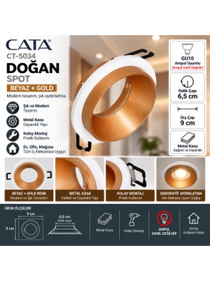 Cata CT-5034 Doğan Spot Beyaz Gold Metal Kasa GU10 Sıva Altı Spot 6,5 cm Delik Çapı 9 cm Dış Çap