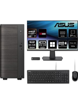 Asus V700 Mini Tower Amd Ryzen Aı 7 445 Rx 550 4gb 64GB Ram 512GB SSD 27" Fhd WIN11 Pro VM7010R7445026WP313 Masaüstü Bilgisayar + Per4 USB Bellek