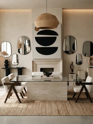 Miarik Design Taika - Traverten Cam Tablali Yemek Masasi