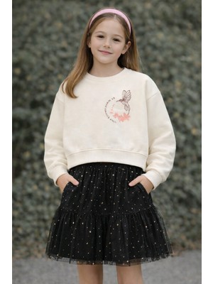 Wanex Kız Çocuk Nakış Detaylı Uzun Kollu Sweatshirt – Vanilya Renk (5–10 Yaş)