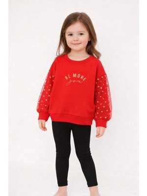 Wanex Kız Çocuk Tül Kol Detaylı Uzun Kollu Sweatshirt – Kırmızı (2–7 Yaş)