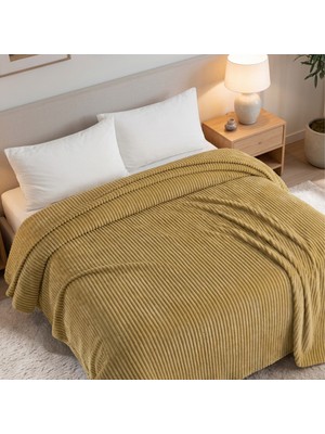 Maxstyle Çizgili Vizon Tek Kişilik Polar Battaniye Hardal 150X220 cm