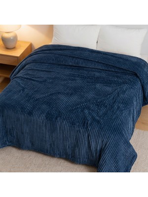 Maxstyle Çizgili Vizon Tek Kişilik Polar Battaniye Lacivert 150X220 cm