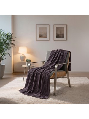 Maxstyle Çizgili Vizon Çift Kişilik Polar Battaniye Mürdüm 200X220 cm