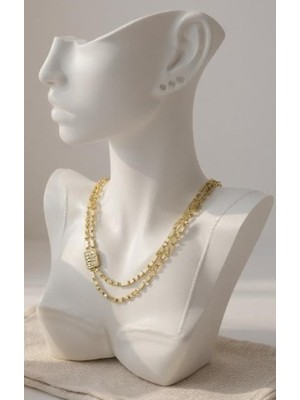 BURADABULDUN Çift Sıralı Baget Taşlı Altın Renk Kolye