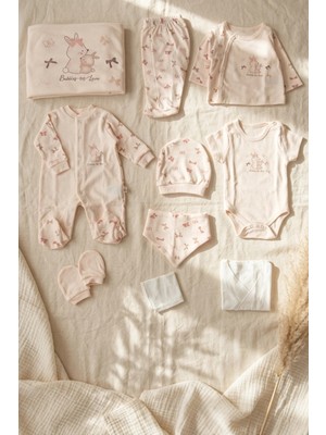 Babydonat %100 Pamuklu 10 Parça Tavşan Figürlü Bebek Hastane Çıkışı Seti - Pudra Pembe - Premium Yenidoğan Takımı