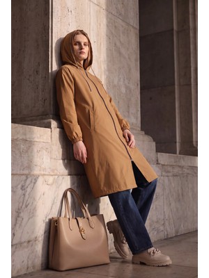 Kado Moda Kado Online Kapüşonlu Uzun Fermuarlı Kadın Trençkot