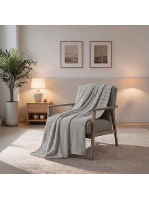 Maxstyle Çizgili Vizon Çift Kişilik Polar Battaniye Açık Gri 200X220 cm