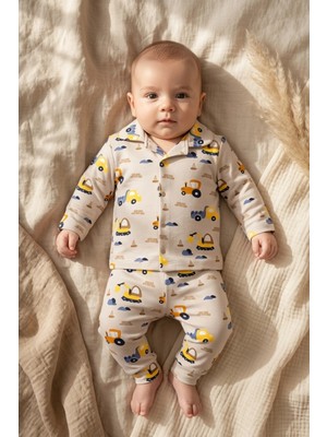 Babycan Erkek Bebek ve Çocuk Kahve Iş Makineleri Desenli %100 Pamuklu Düğmeli Pijama Takımı - Premium Pijama Seti