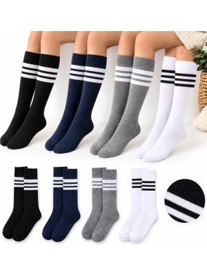 Ciho Socks 4 Çift Kız Çocuk Kadın Karışık Çizgili Kaymayan Diz Altı Orta Okul Lise Kolej Okul Çorabı