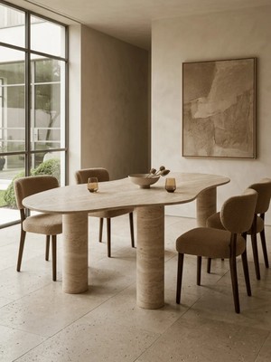 Miarik Design Lion-Traverten Mermer Asimetrik Tabla 4 Ayaklı Yemek Masası