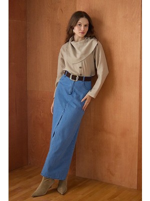 Zülays Çapraz Kesim Denim Etek Açık Mavi