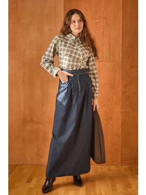 Zülays Çift Kuşaklı Denim Etek Koyu Mavi