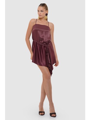 Thalure Kadın Bordo Askılı Saten Mini Elbise