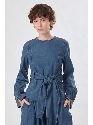 Zülays Önü Bağlamalı Denim Bluz Açık Mavi