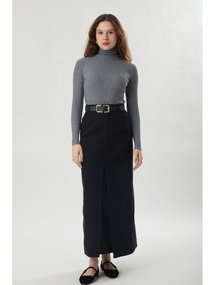 Zülays Çapraz Kesim Denim Etek Siyah