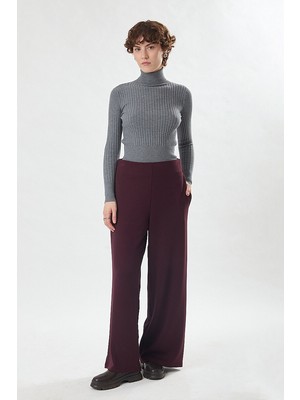 Zülays Pensli Geniş Paça Pantolon Bordo