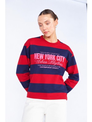Tena Kadın Lacivert Bisiklet Yaka New York Yazı Baskılı Çizgili Sweatshirt