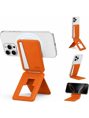 Bagajon Magsafe Cüzdan Kartlık Güçlü Manyetik 360° Döner Standlı Telefon Kartlığı iPhone Uyumlu Deri Cüzdan Turuncu