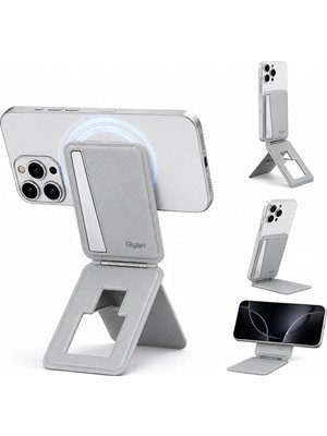 Bagajon Magsafe Cüzdan Kartlık Güçlü Manyetik 360° Döner Standlı Telefon Kartlığı iPhone Uyumlu Deri Cüzdan Gri