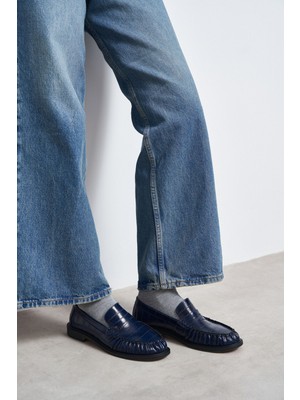 Nişantaşı Shoes Vesta Lacivert Su Yolu Kroko Hakiki Deri Düz Taban Kadın Loafer Ayakkabı