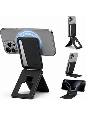 Bagajon Magsafe Cüzdan Kartlık Güçlü Manyetik 360° Döner Standlı Telefon Kartlığı iPhone Uyumlu Deri Cüzdan Siyah