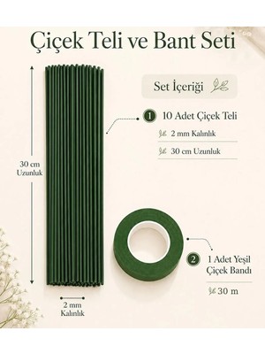 İğne İzi Plastik Çiçek Yapma Teli - 30CM - 10 Adet Çiçek Yapım Teli+1 Adet Çiçek Bandı - Dekoratif Çiçek Yapım Teli