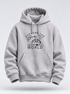 North Whiskers Explore The World Baskılı Unisex Hoodie – Karavan ve Kamp Temalı Kapüşonlu Sweatshirt