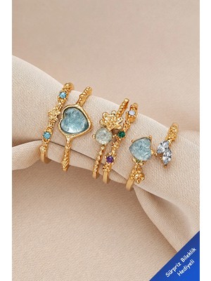 The Collection 3'lü Mavi Taşlı Kombin Ay Yıldız Kelebek Pinterest Tasarım Gold Yüzük Set