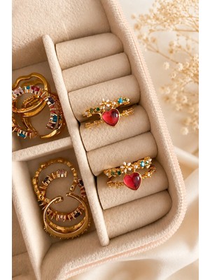 The Collection Çift Sıra Kalp Figürlü Renkli Çiçek Detaylı Ayarlanabilir Gold Kadın Yüzük