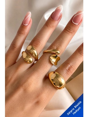 The Collection 3'lü Kombin Su Damlası Formlu Tasarım Gold Yüzük Set