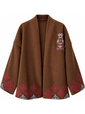 Retrobird Runa Etnik Nakışlı Oversize Kaşe Ceket Kadın Kahverengi