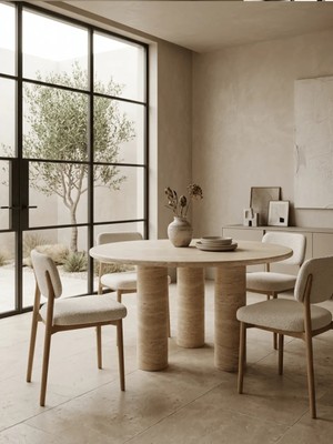 Miarik Design Harrison- Traverten Mermer Yuvarlak 3 Silindir Ayak Yemek Masası