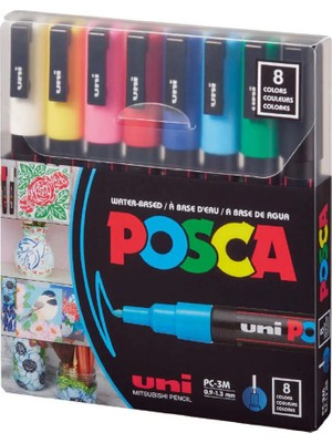 2 Adet Uni-Ball Posca Su Bazlı Poster Markör Seti 0.9 mm - 1.3 mm 8'li Paket